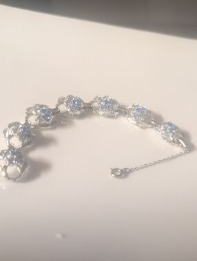 VTG Coro Silver Floral Crystal Link Bracelet - Light Blue Stones